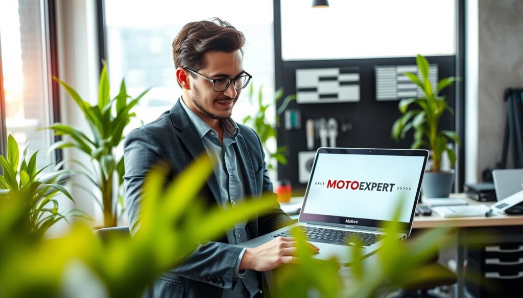A dynamic scene highlighting a professional online consultation environment for "MOTOEXPERT". In the foreground, a confident business professional, dressed in smart casual attire, is engaging with a sleek laptop, displaying the MOTOEXPERT logo on the screen. The middle ground features a modern office space with vibrant green plants and an organized desk filled with automotive documentation and tools. The background showcases a large window allowing soft, natural light to flood the room, enhancing a sense of openness and clarity. The atmosphere is focused and innovative, illustrating a blend of technology and expertise in automotive care. The image is shot from a slightly elevated angle to capture the depth of the workspace while maintaining a clean aesthetic.