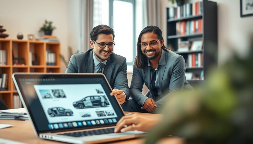 A professional and inviting online consultation scene focused on damage assessment, showcasing a laptop open to a video call interface. In the foreground, a diverse group of two individuals—one wearing a tailored suit and the other in smart casual attire—engage earnestly, with a shared document displaying structural images of a vehicle accident. The middle ground features a cozy office environment, with soft natural lighting streaming through a window and professional decor. In the background, a bookshelf lined with industry-related books adds a touch of professionalism. The mood is serious yet supportive, illustrating collaboration in the process of insurance damage liquidation. Use a realistic lens and depth of field to highlight the foreground interaction while softly blurring the background.